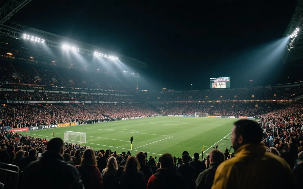 世界杯决赛夜球场灯光与人潮的电影感视觉